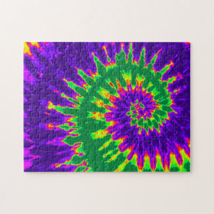 Quebra-cabeça Espiral de Tie Dye Groovy Verde e Púrpura