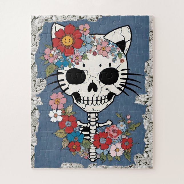 Quebra-cabeça Esqueleto de Gato Floral com Lace e Denim (Vertical)