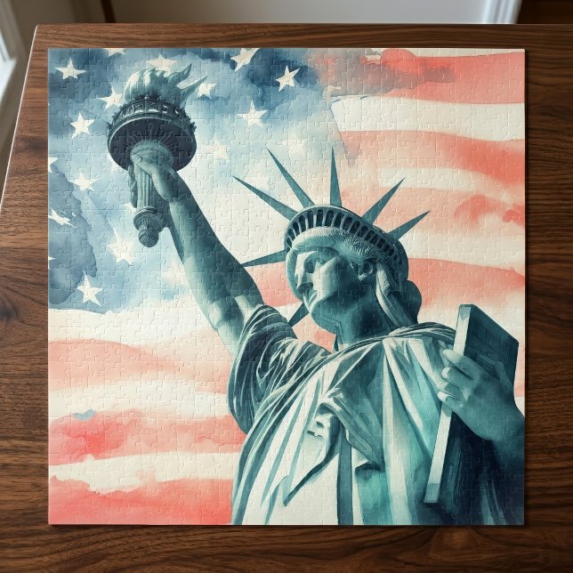 Quebra-cabeça Estátua da Liberdade em aquarela com bandeira amer (Watercolor Statue of Liberty with American flag. Jigsaw Puzzle)