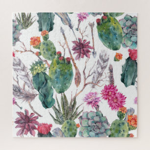 Quebra-cabeça Estilo Boho, Vintage Cactus Watercolor.