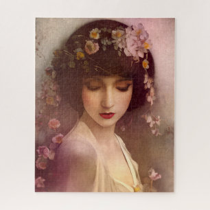 Quebra-cabeça Estilo Vintage Retrato da Linda Mulher Floral
