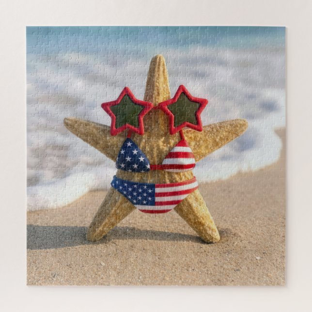 Quebra-cabeça Estrela-do-mar vestindo biquíni com bandeira e ócu (Vertical)