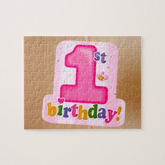 Quebra-cabeça Etiqueta do primeiro aniversario rosa na porta (Horizontal)