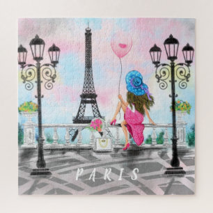 Quebra-cabeça Eu amo Paris - Mulher Bonito e Balão de Coração