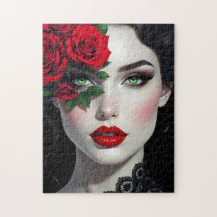 Quebra-cabeça Eu Amo Você   Mulher Bonita com Rosa Vermelha