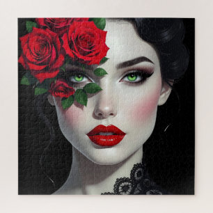 Quebra-cabeça Eu Amo Você   Mulher Bonita com Rosa Vermelha
