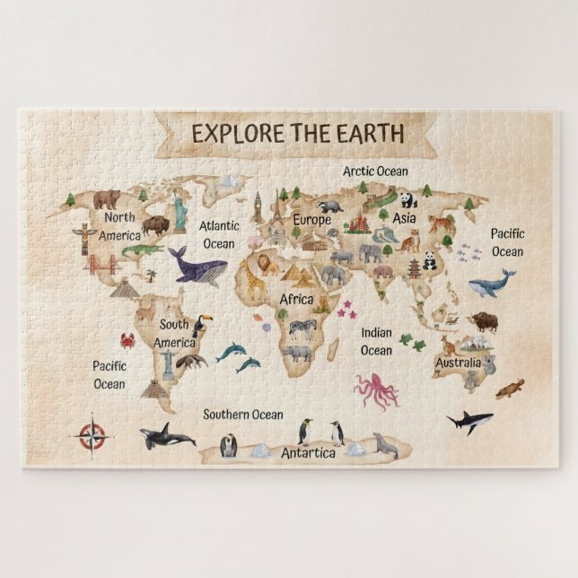 Quebra-cabeça Explore o Mapa Mundial da Terra (Horizontal)