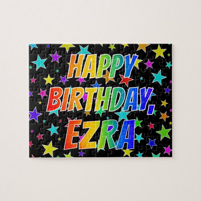 Quebra-cabeça "EZRA" Primeiro Nome, Diversão "FELIZ ANIVERSÁRIO" (Horizontal)