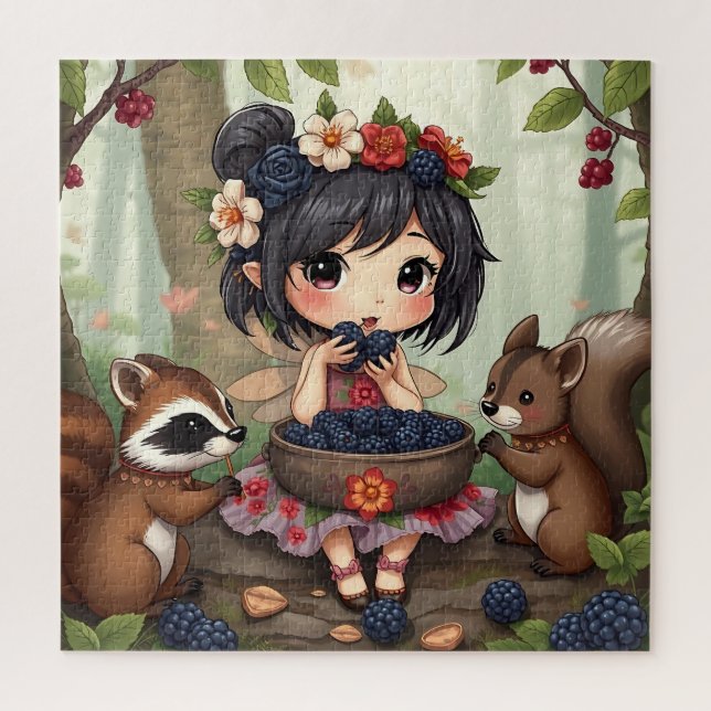 Quebra-cabeça Fada Chibi Comendo Amoras com Amigos da Floresta (Vertical)