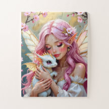 Fada de Cabelo Rosa e Dragão Bebê Branco  