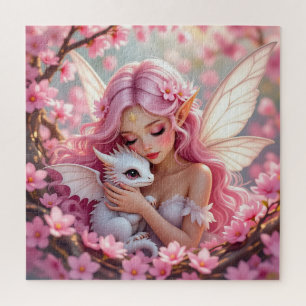 Quebra-cabeça Fada Elfa Rosa Bonita & Dragão