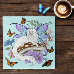 Quebra-cabeça Fada Felina Branca Caprichosa Cogumelo Azul Fantas