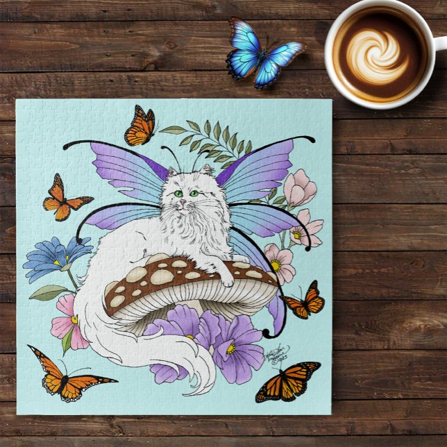 Quebra-cabeça Fada Felina Branca Caprichosa Cogumelo Azul Fantas (Criador carregado)