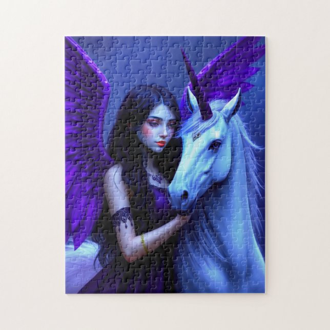 Quebra-cabeça Fada Mágica com Unicórnio com Roxo e Azul (Vertical)