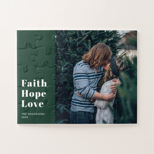 Quebra-cabeça Faith Hope Love. Foto religiosa do Natal Verde (Horizontal)