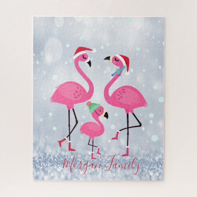 Quebra-cabeça Família Adorável Flamingos Santa Hat (Vertical)