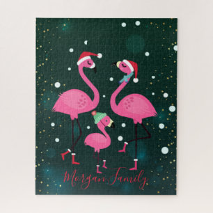 Quebra-cabeça Família Adorável Flamingos Santa Hat Verde