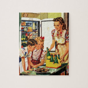 Quebra-cabeça Família Antiga na Cozinha Mãe Pai Filhos Lanche