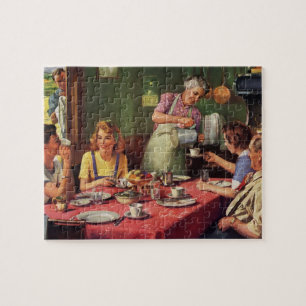 Quebra-cabeça Família Antiga Tomando Café da Manhã na Cozinha
