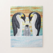 Família de pinguins com pinguim bebê