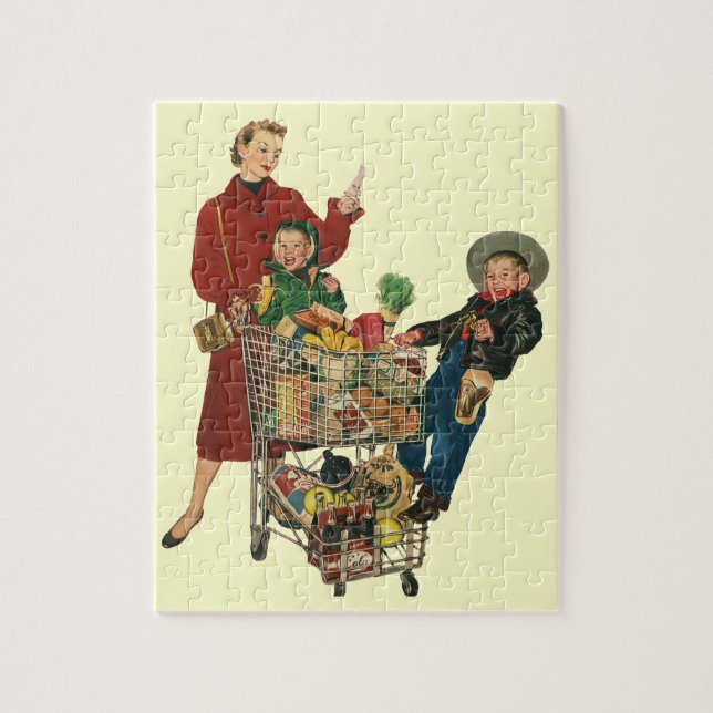 Quebra-cabeça Família Retro, Mãe e Crianças Carrinho de Compras  (Vertical)