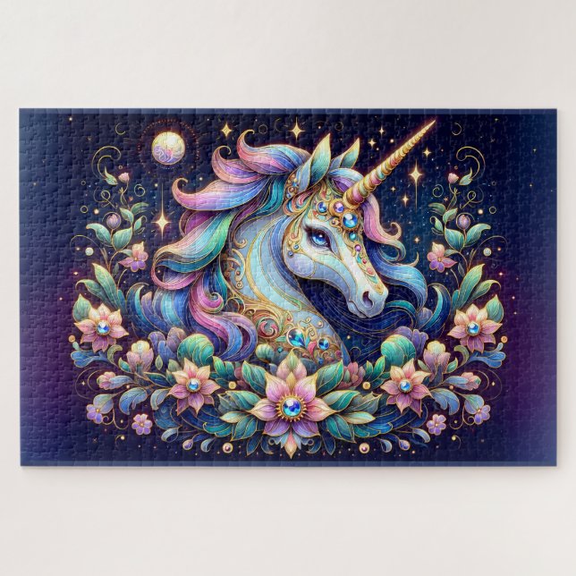 Quebra-cabeça Fantasia Floral de Unicórnio em Tons Preciosos (Horizontal)