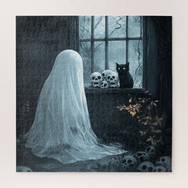 Quebra-cabeça Fantasma do Halloween, Gato e Caçados (Vertical)
