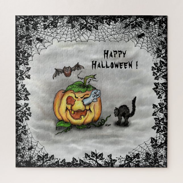Quebra-cabeça Fantasma, Gato, Bat e Pumpkin, Feliz Halloween! (Vertical)