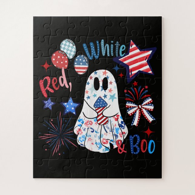 Quebra-cabeça Fantasmas Vermelhos Brancos Boo Patrióticos de Hal (Vertical)