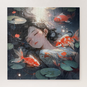 Quebra-cabeça Fantasy Anime Girl and Carps