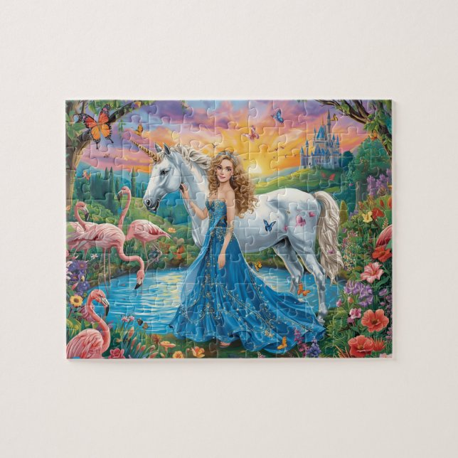 Quebra-cabeça Fantasy Unicorn Princess Castle Flamingo Art (Horizontal)