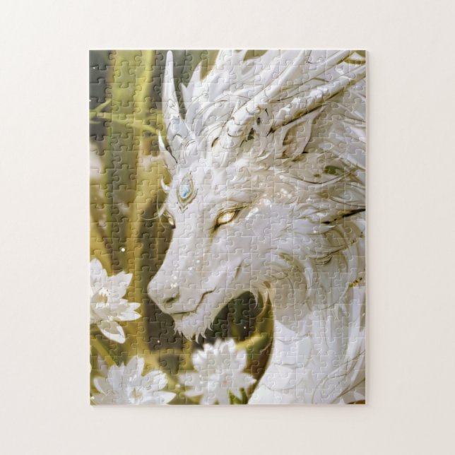 Quebra-cabeça Fantasy White e Dragão Dourado com Flores (Vertical)