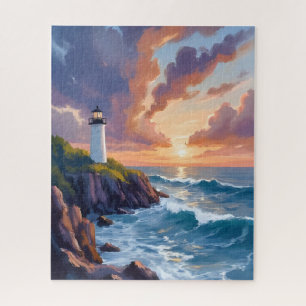 Quebra-cabeça Faro Costeiro do Pôr do Sol Pintura do Oceano da