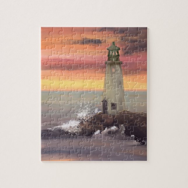 Quebra-cabeça Farol Costeiro Com Céu Rosa e Laranja (Vertical)