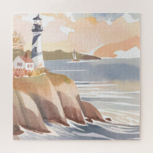 Quebra-cabeça Farol na Costa Oceano em Aquarela