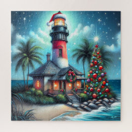 Quebra-cabeça Farol Tropical de Natal Whimsical Vermelho Teal