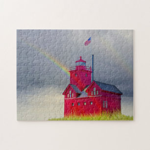Quebra-cabeça Farol Vermelho de Michigan com arco-íris