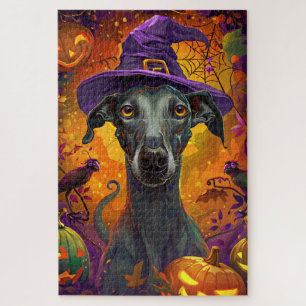 Quebra-cabeça Feiticeira de Halloween e Abóbora de Cachorro Grey