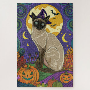 Quebra-cabeça Feiticeira de Halloween e Abóbora Sagrada e Siames