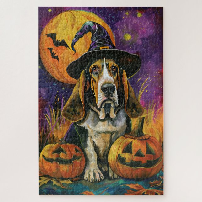 Quebra-cabeça Feiticeira E Abóbora De Hound Halloween Spooky Bas (Vertical)