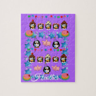 Quebra-cabeça Feliz Aniversário Pinguim Rosa Suíno