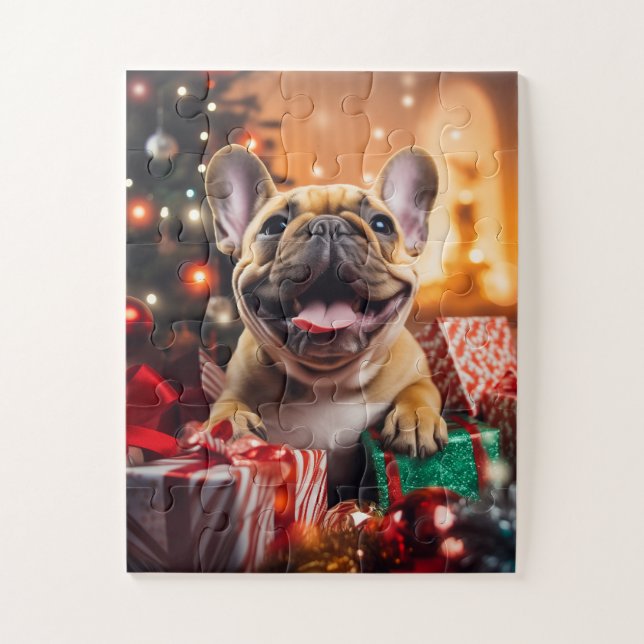 Quebra-cabeça Feliz Buldogue Francês na Véspera de Natal (Vertical)