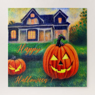 Quebra-cabeça Feliz Halloween - abóboras em frente a uma casa 