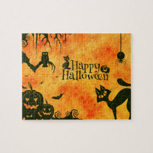 Quebra-cabeça Feliz Halloween Bruxas Gatos Aranhas Coruja Pumpki