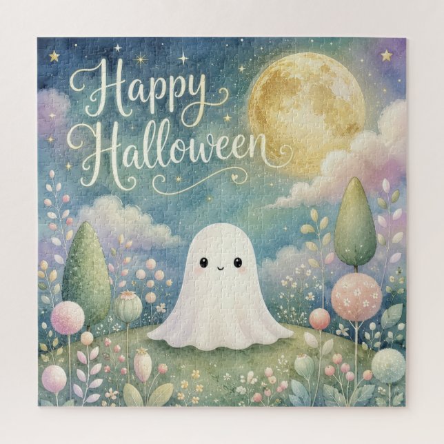 Quebra-cabeça Feliz Halloween Fantasma Fofo Jardim Pastel (Vertical)