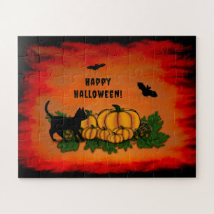 Quebra-cabeça Feliz Halloween, Gato Preto, Morcego e Abóbora
