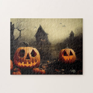 Quebra-cabeça Feliz Halloween mit Kürbissen und gruseligem Land.