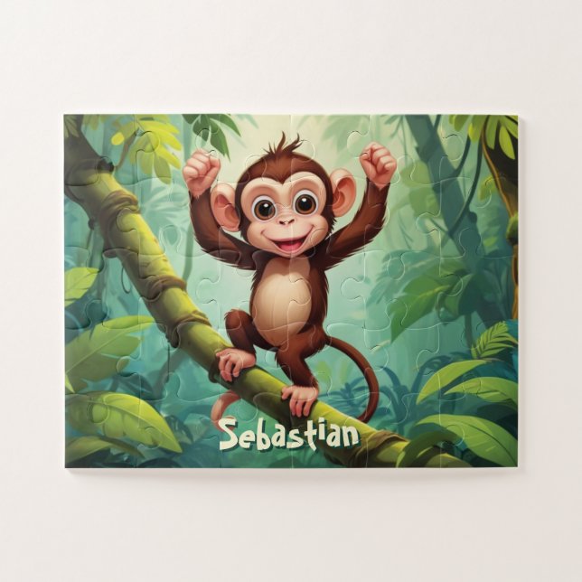 Quebra-cabeça Feliz Macaco Gato Na Selva Personalizado (Horizontal)