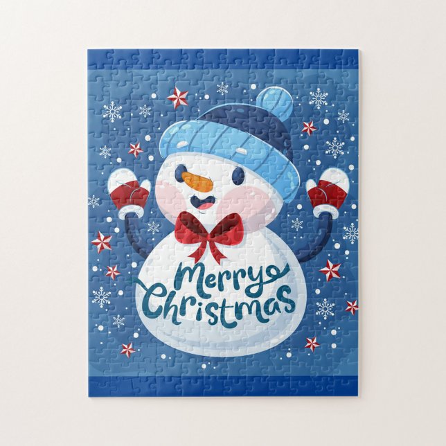Quebra-cabeça Feliz Natal (Illustration of a jigsaw puzzle with a snowman wearing a blue hat and red bowtie!)