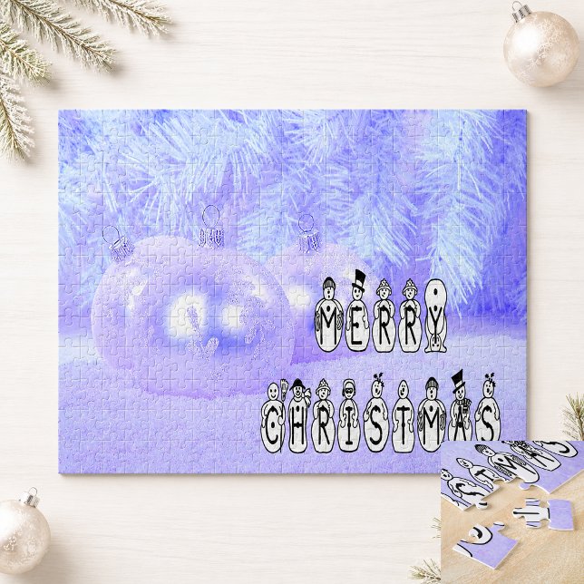 Quebra-cabeça Feliz Natal Cantores de Pessoas da Neve Azul (Merry Christmas Snow People Carolers Blue Jigsaw Puzzle)
